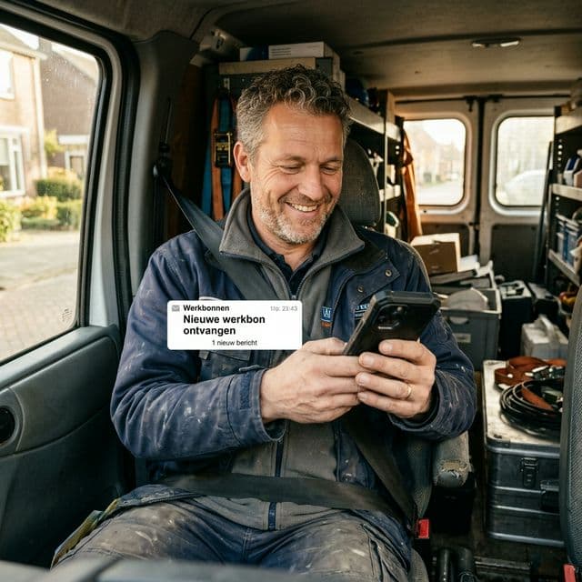 Vakman die blij zijn werkbon bekijkt